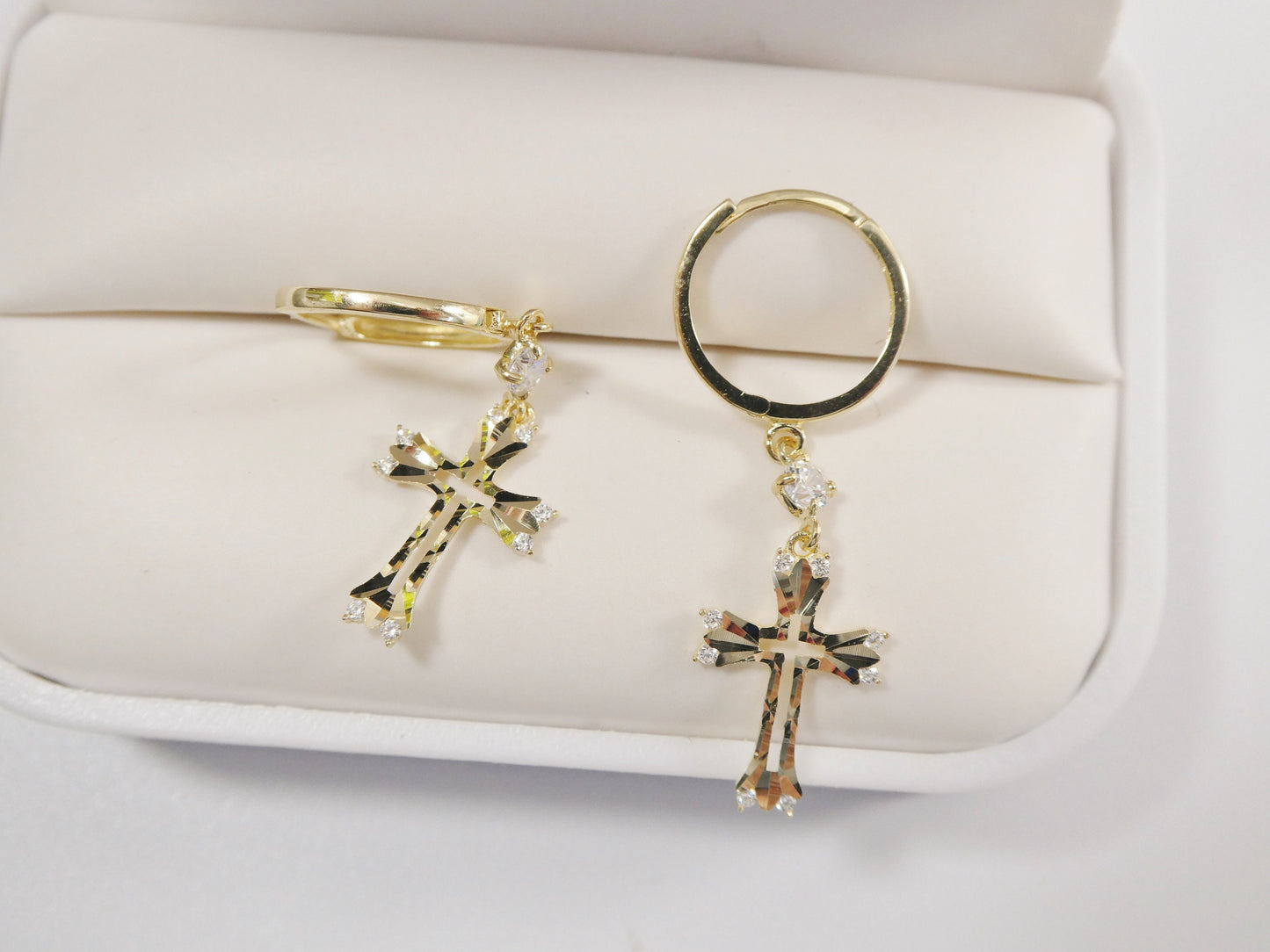 10k real solid yellow gold full laser cut cross dangle on plain huggie hoop fancy earring