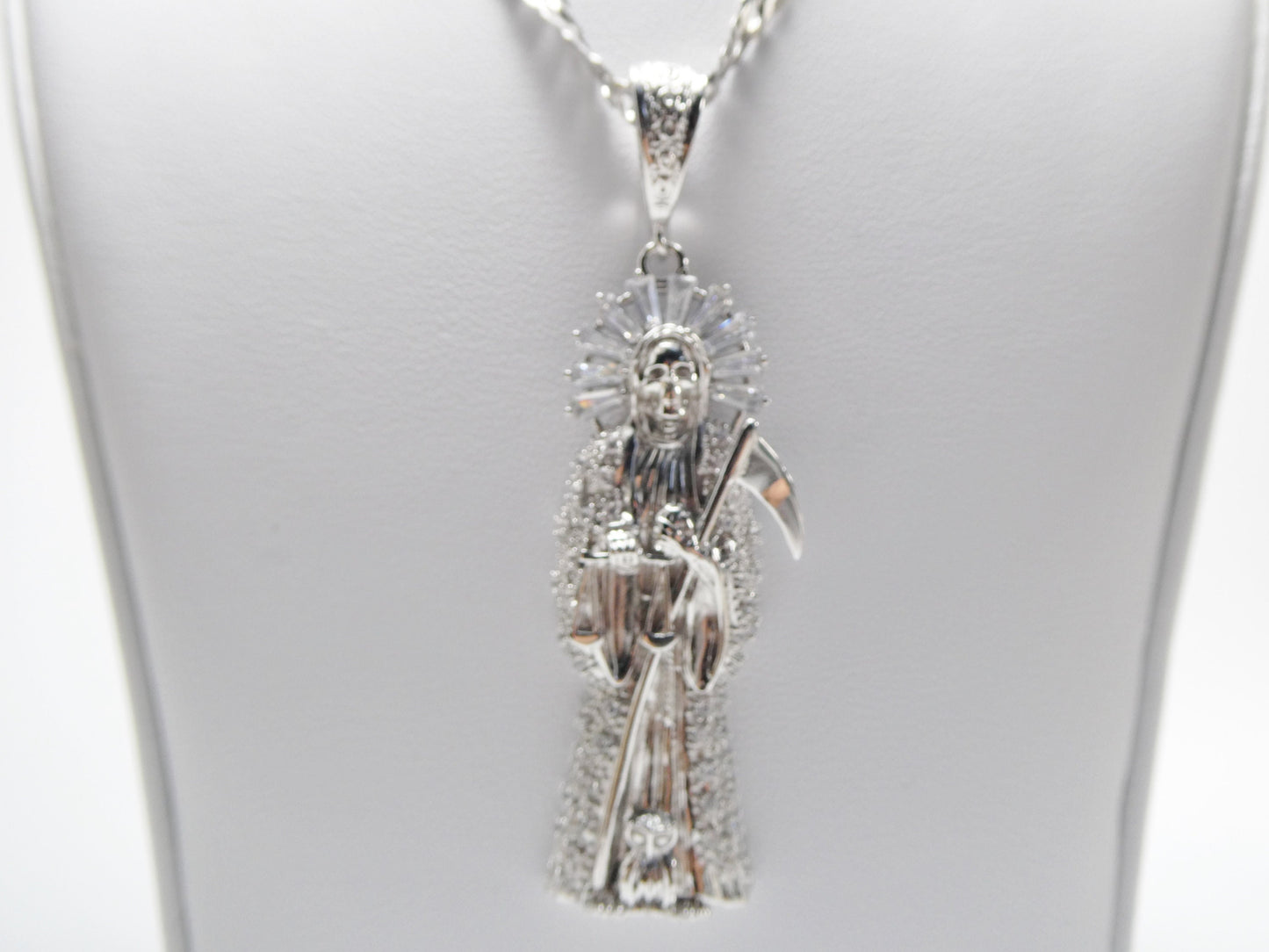 real 925 sterling silver 24 inch flat chain and extra large santa muerte pendent charm