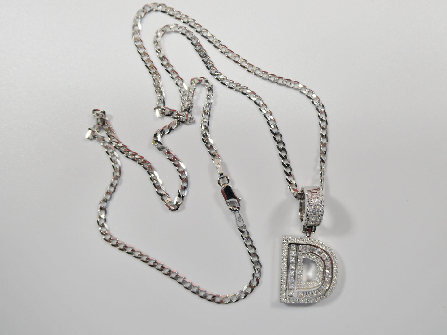 real 925 sterling silver baguette initial pendent with 18 inch small Miami chain