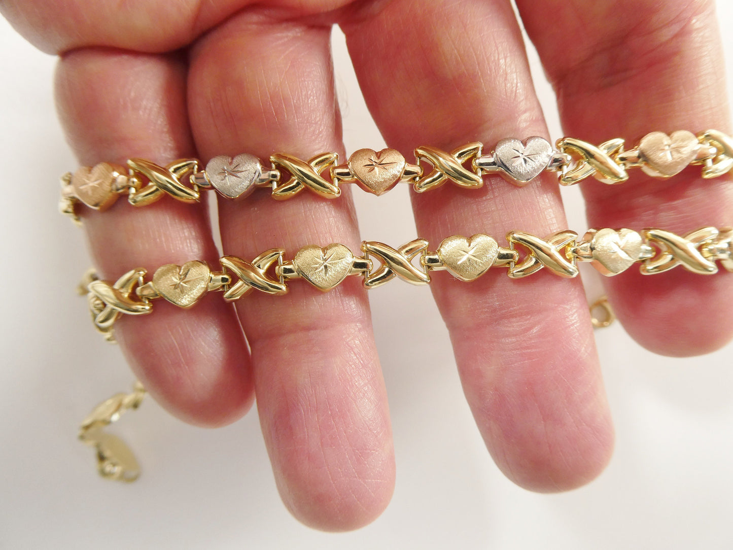 14k real solid yellow gold xo heart 7.25 inch bracelet