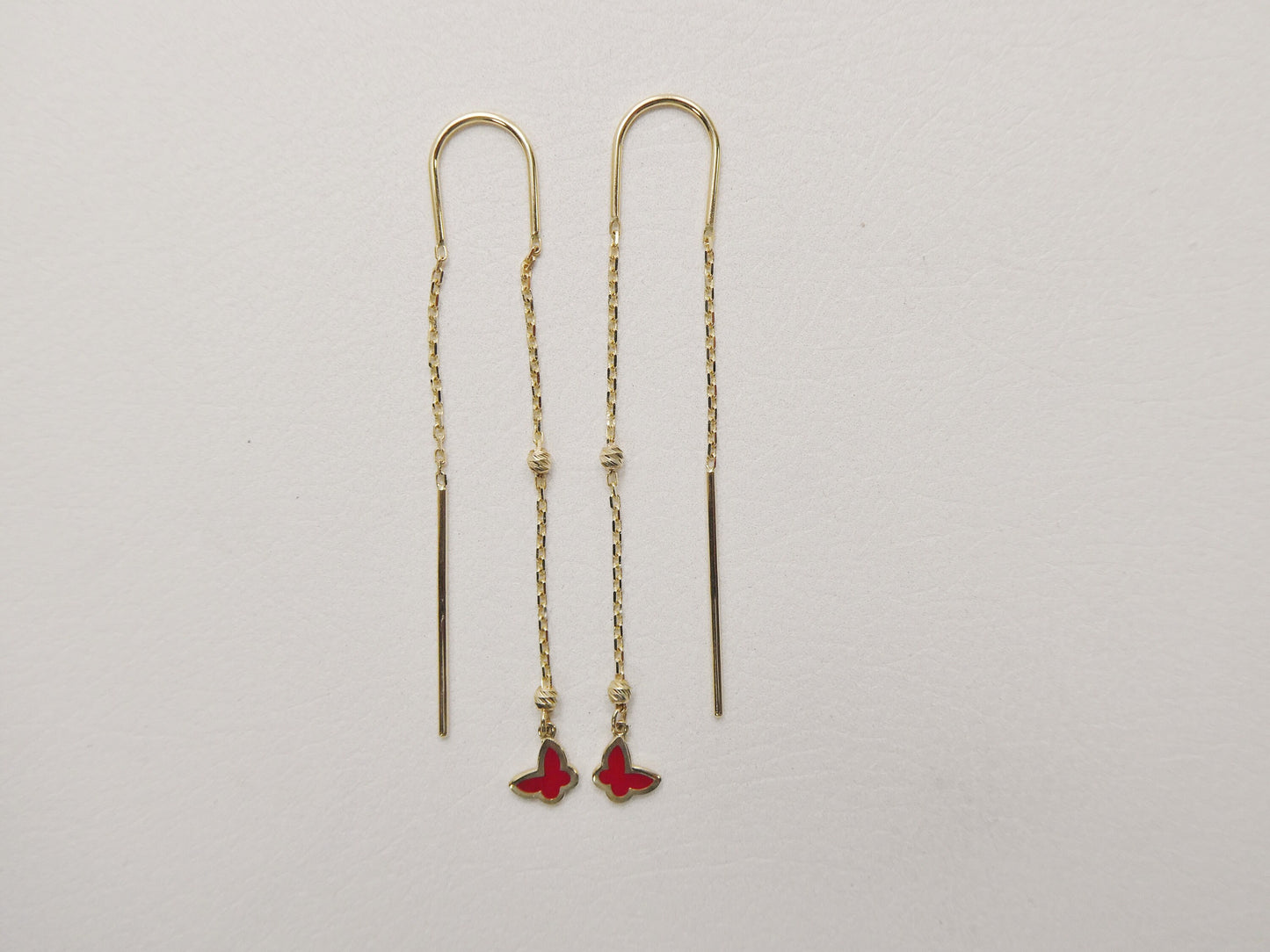 14k real solid yellow gold butterfly enamel long dangling earring