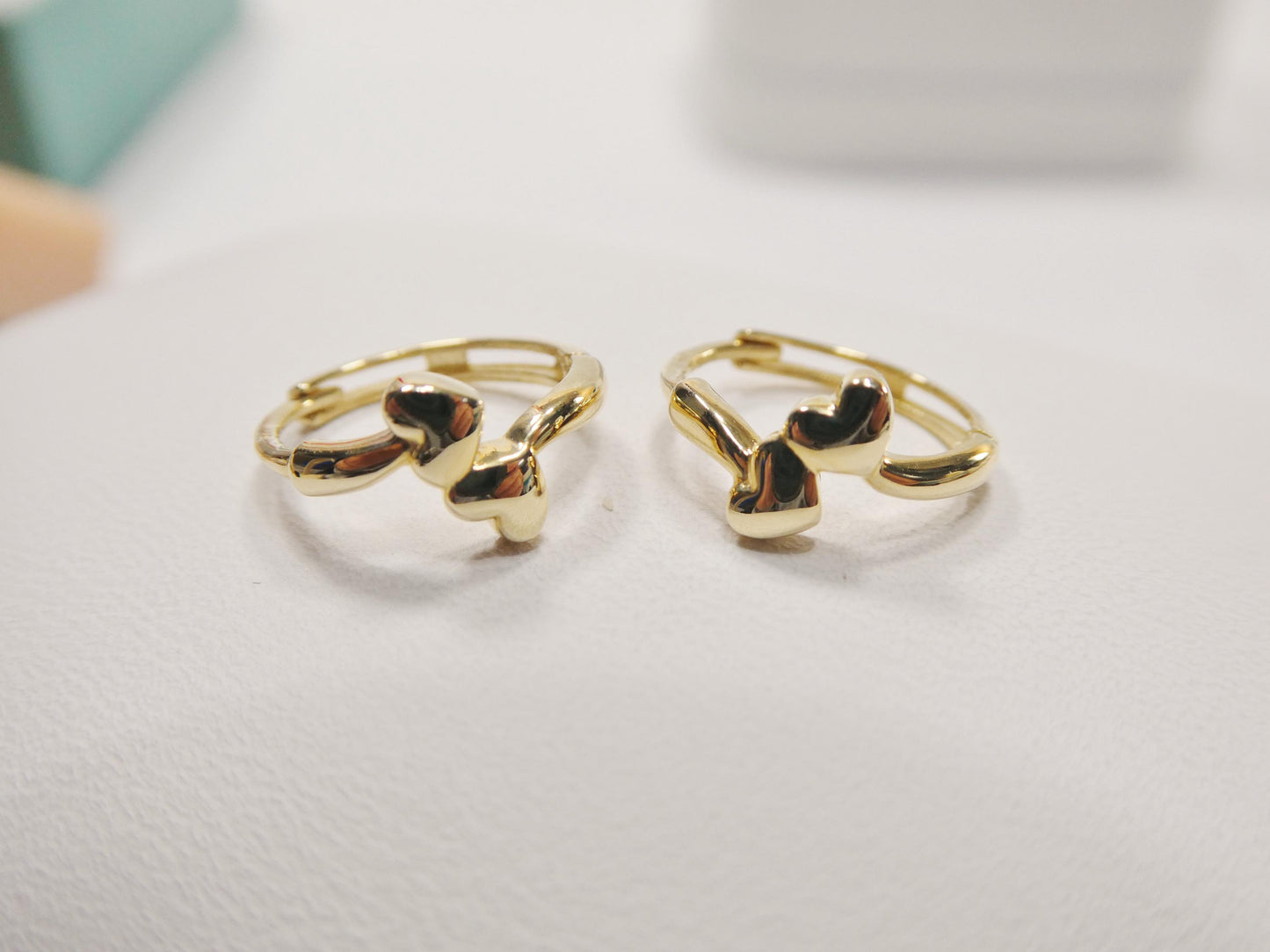 real 10k solid yellow gold double heart dropping huggie earring