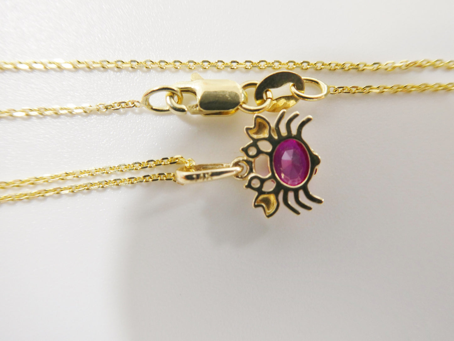 14k real solid yellow gold red stone crab pendent and cable necklace