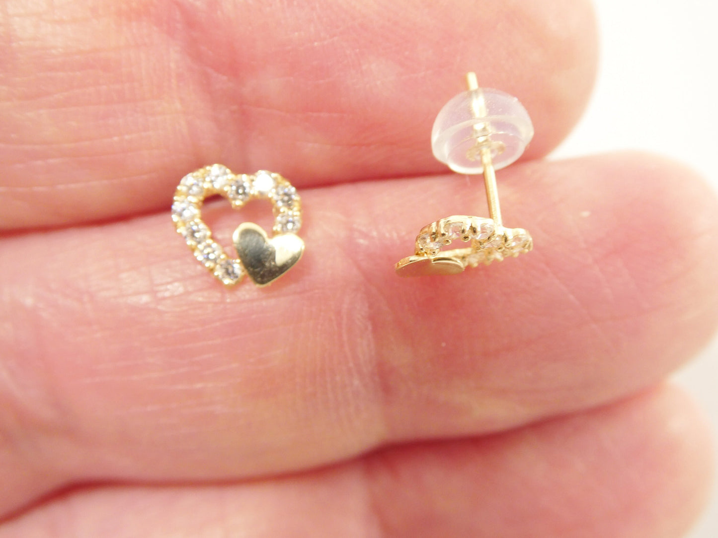 real 10k solid yellow gold double heart push post stud earring
