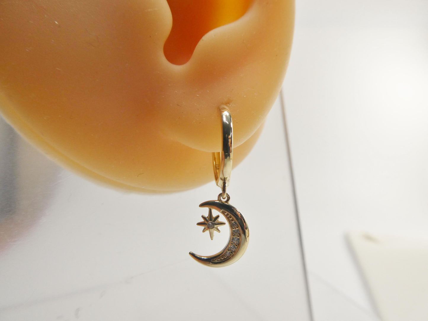 real 10k solid yellow gold designer moon and star hoop huggie earrings