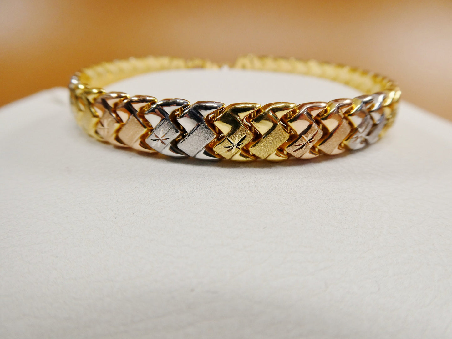 8 inch basket STAMPATO bracelet tri color tone 14k yellow gold color finish over real 925 sterling silver