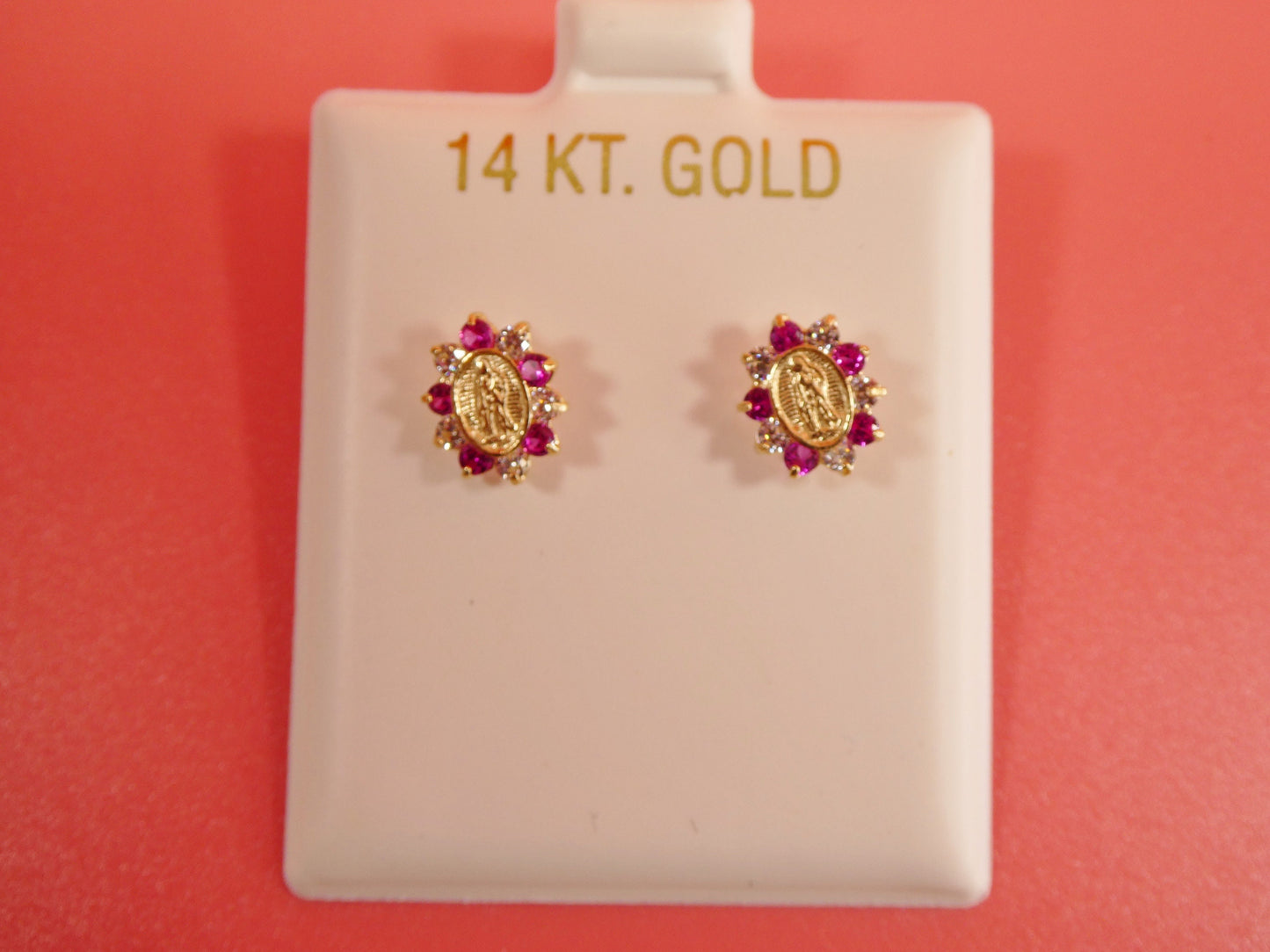 14k real solid yellow gold screw back Guadalupe virgin Mary earrings oval shape