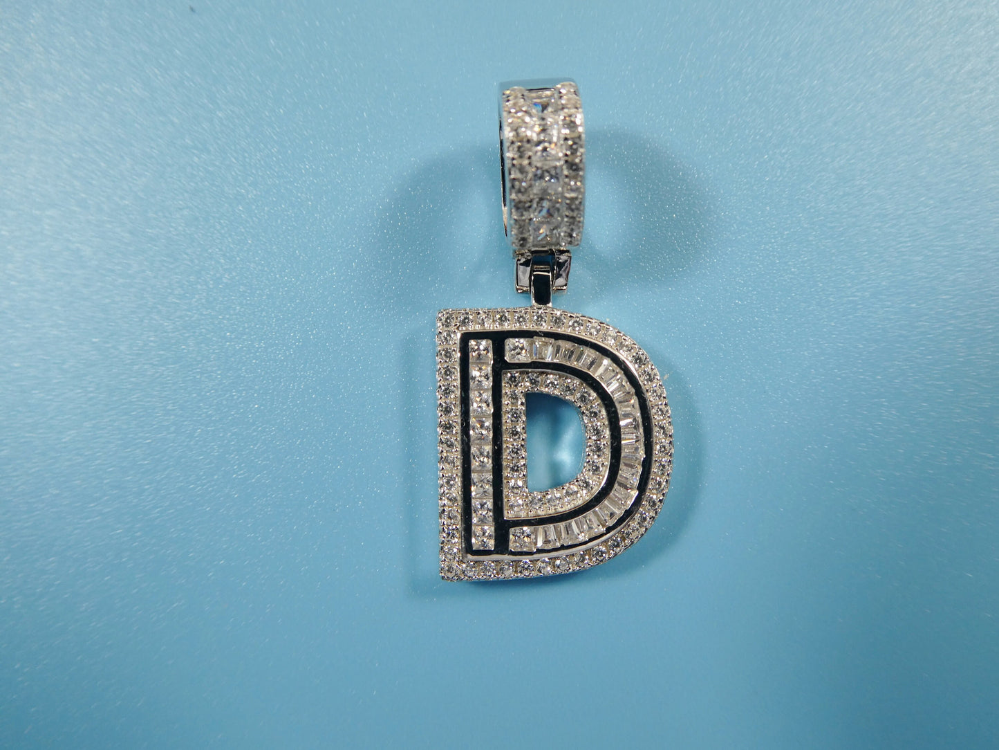 real 925 sterling silver baguette initial pendent with 18 inch small Miami chain