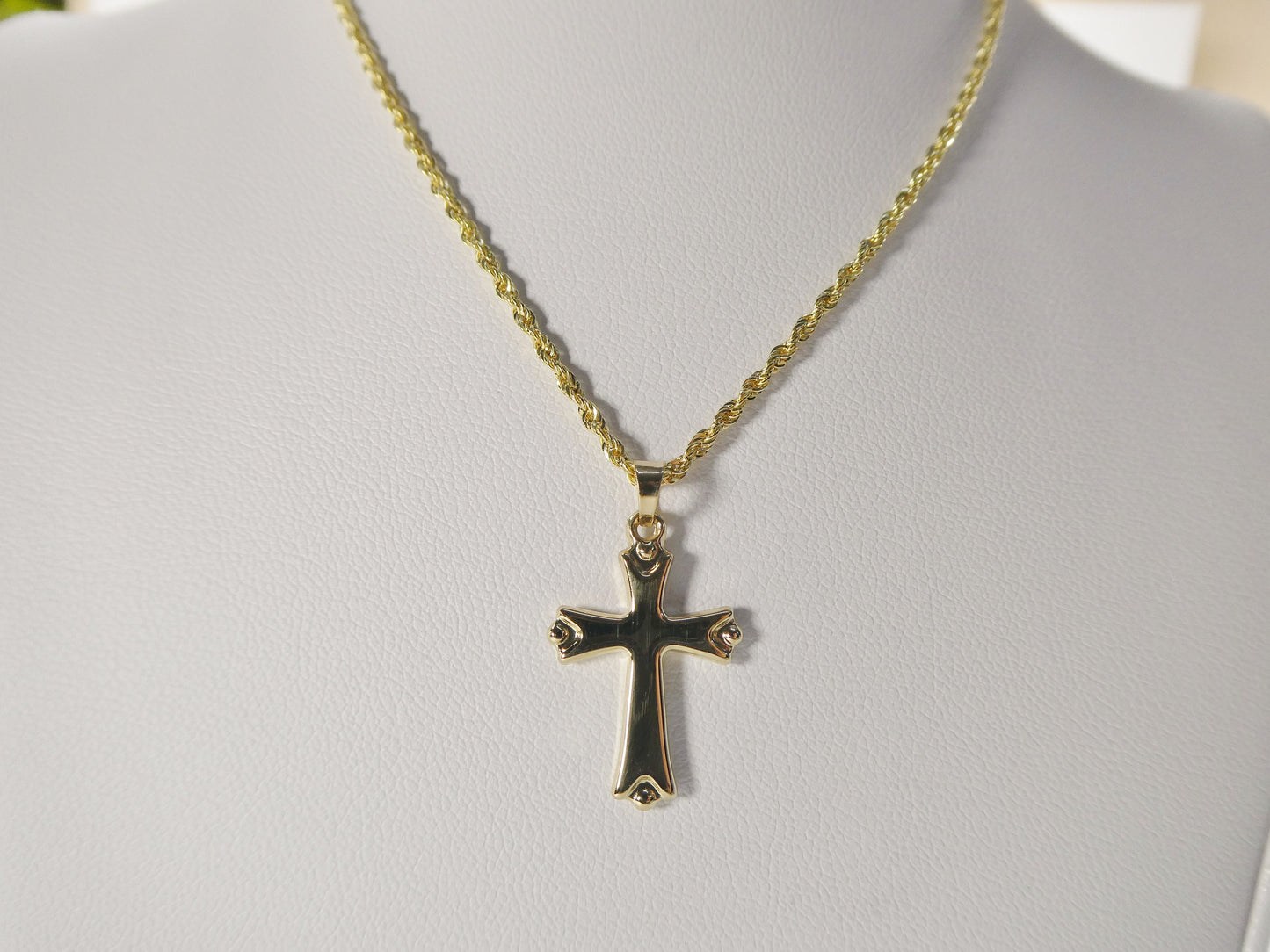 14k real solid yellow gold super polish cross pendent and robe necklace