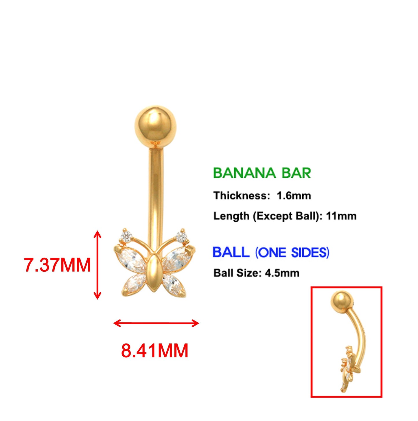 14k real solid yellow gold butterfly belly button ring piercing