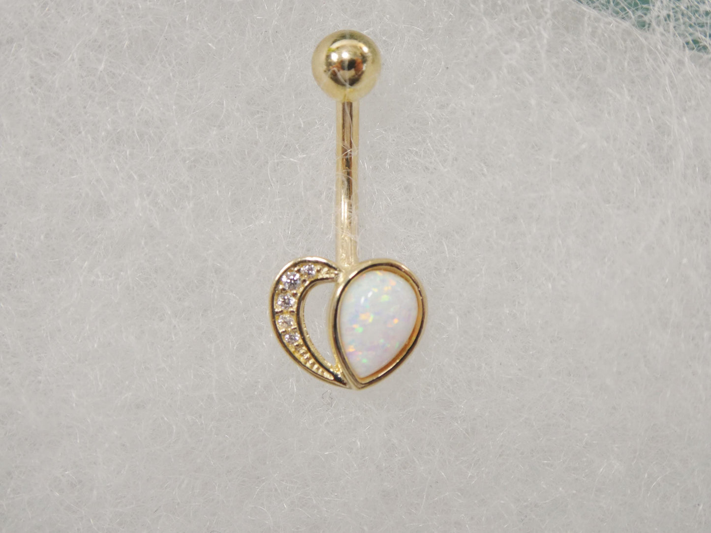 14k real solid yellow gold heart shape opal belly button ring piercing