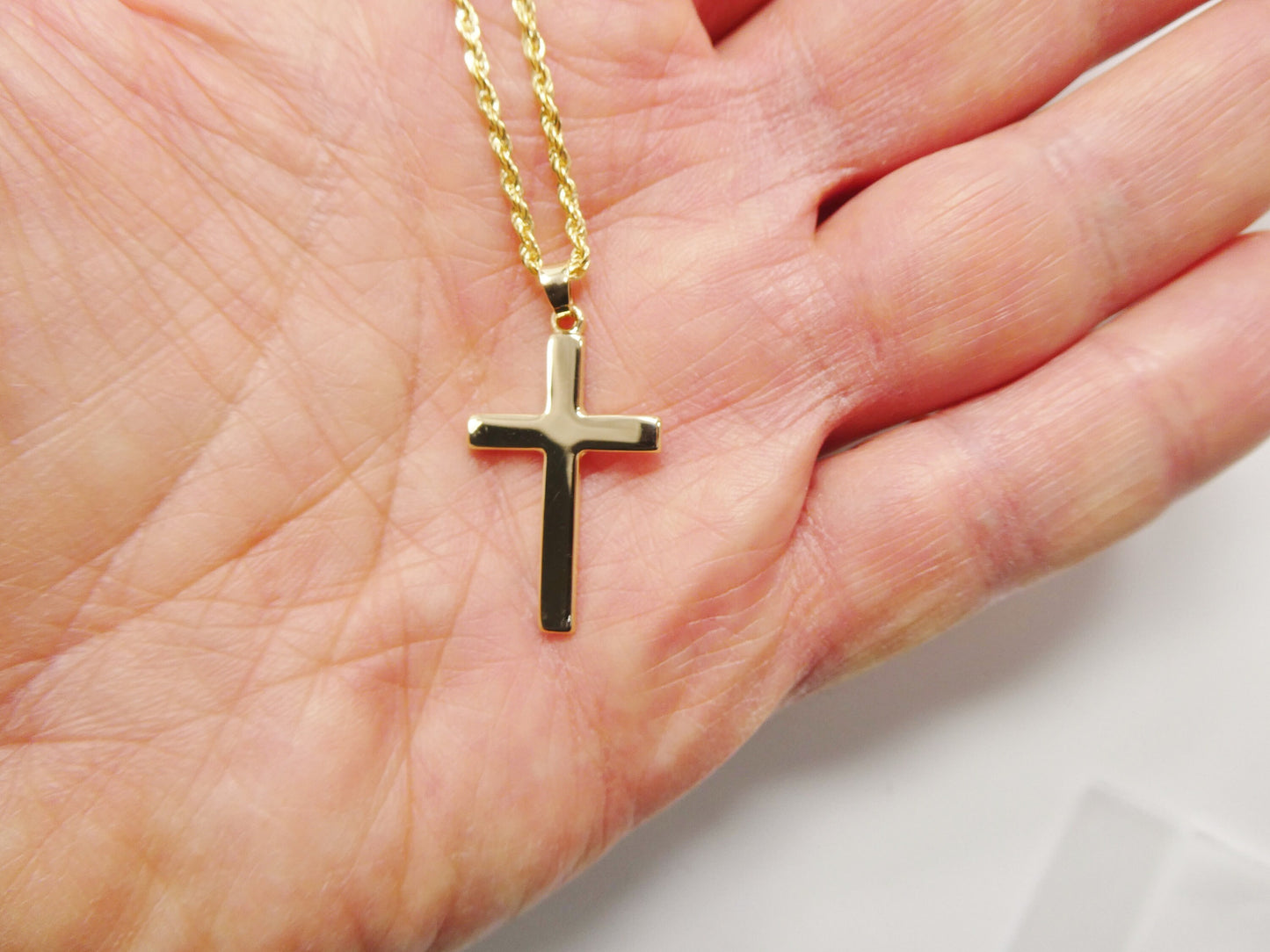 14k real solid yellow gold super polish cross pendent and robe chain necklace