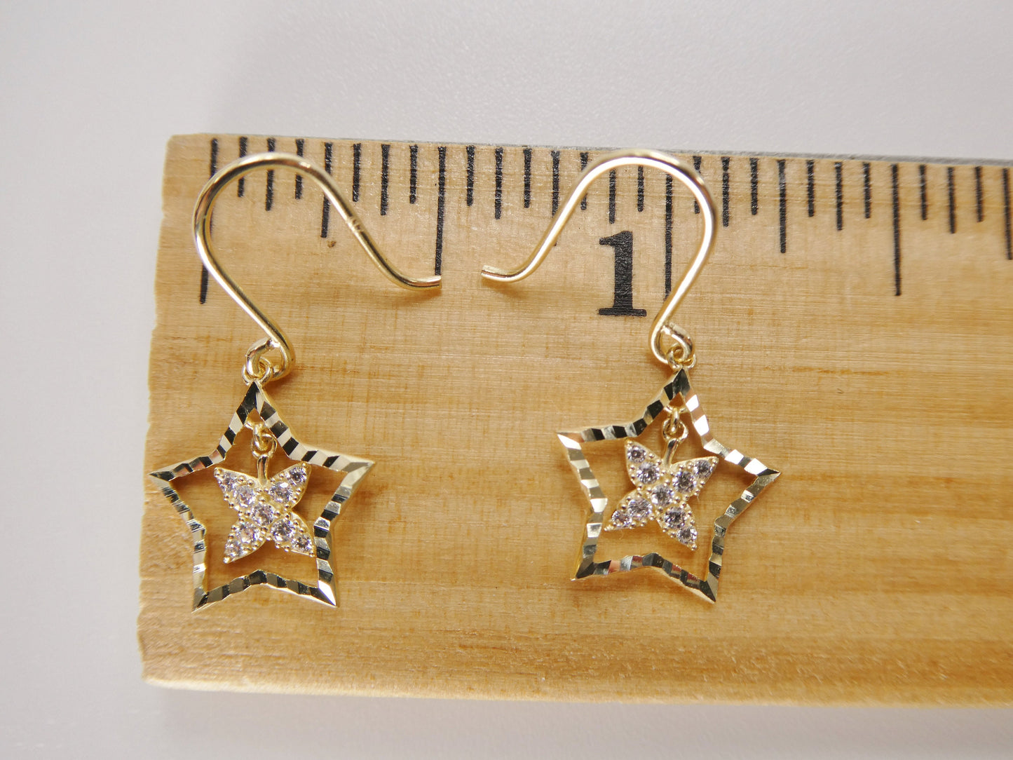 real 10k solid yellow gold dangle star fish hook earring