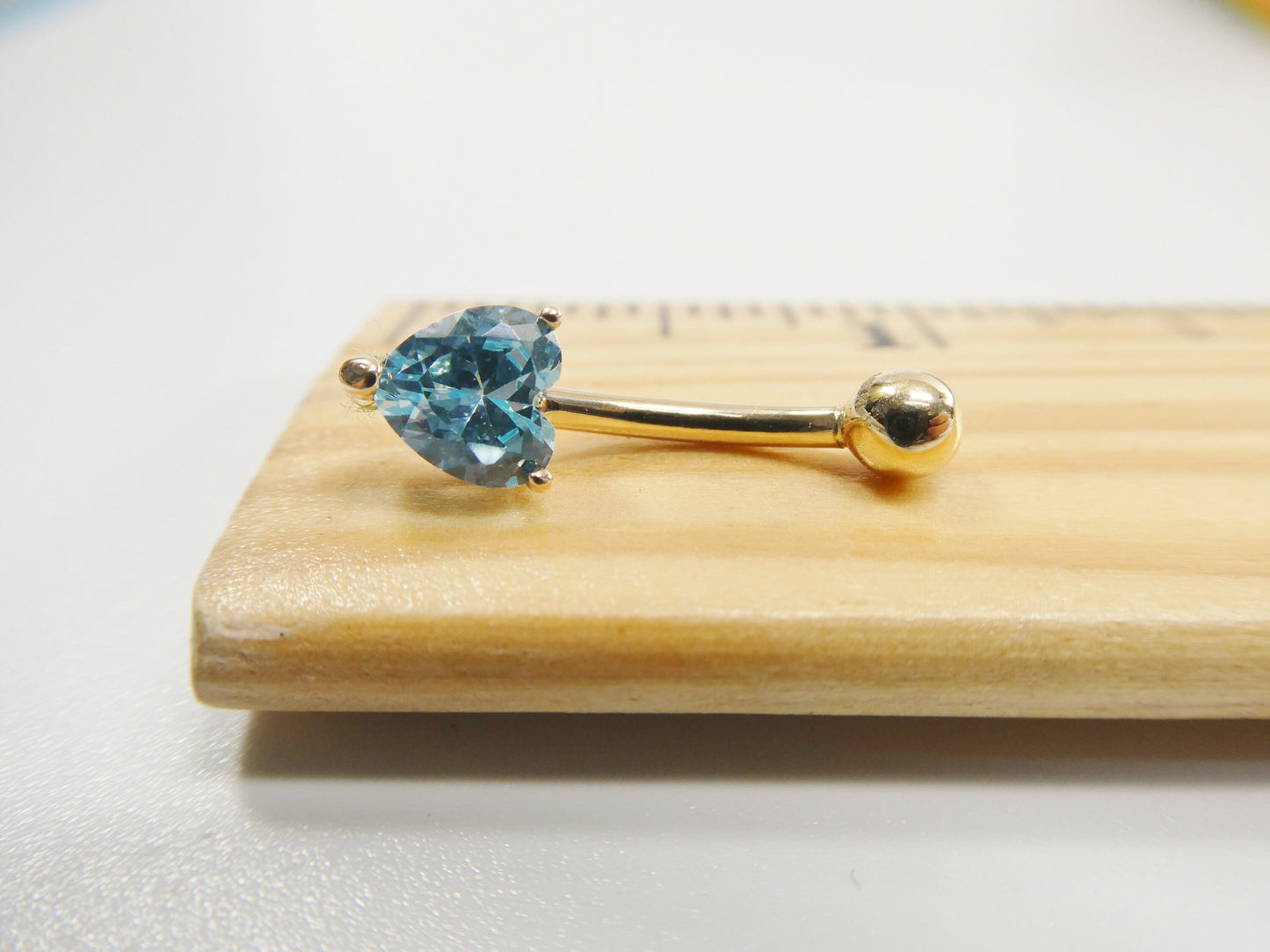 14k real solid yellow gold 6mm heart aquamarine stone belly button ring piercing