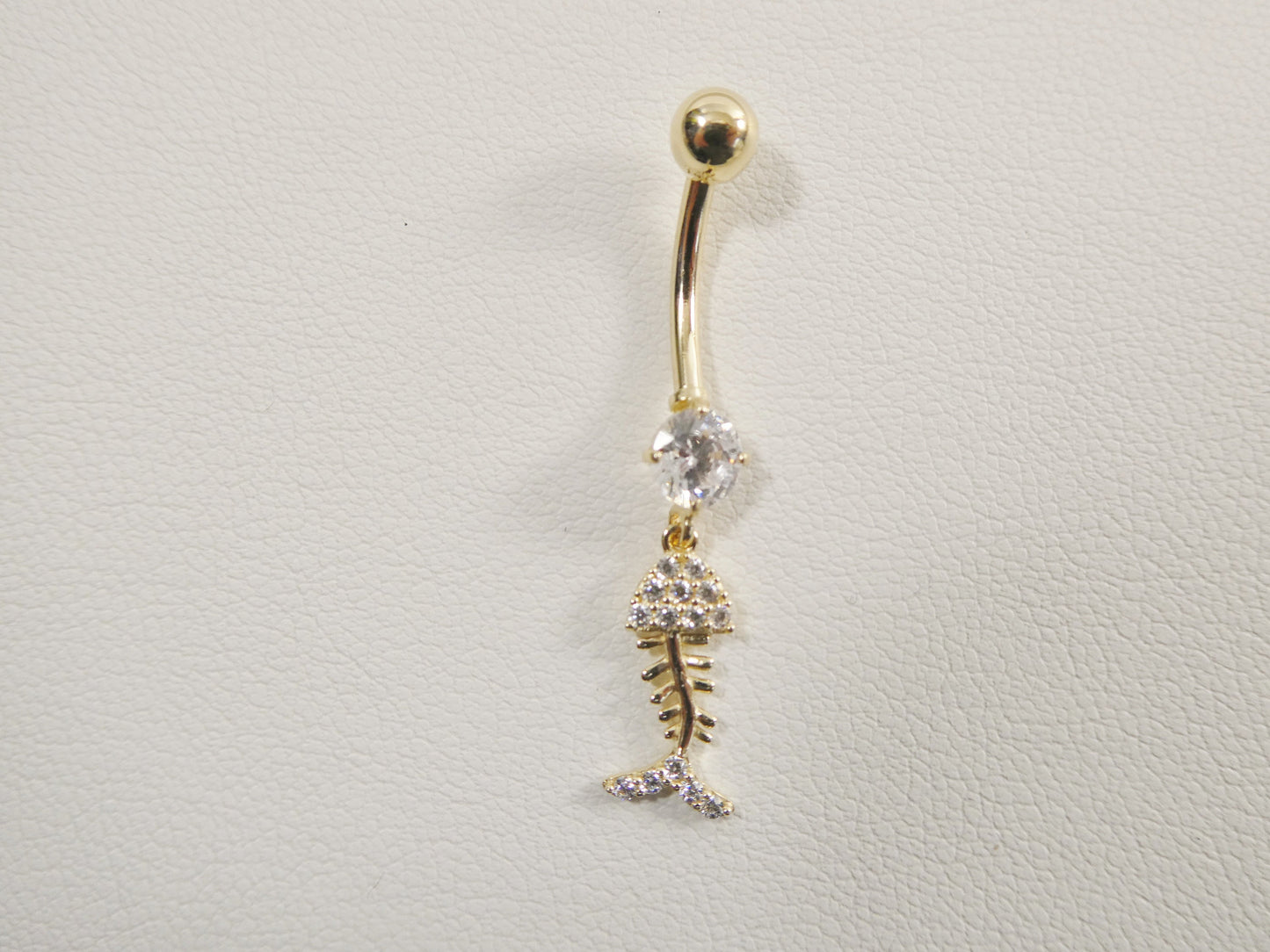 14k real solid yellow gold fish skeleton dangling belly button ring piercing
