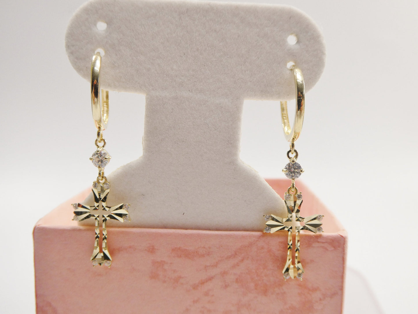 10k real solid yellow gold full laser cut cross dangle on plain huggie hoop fancy earring