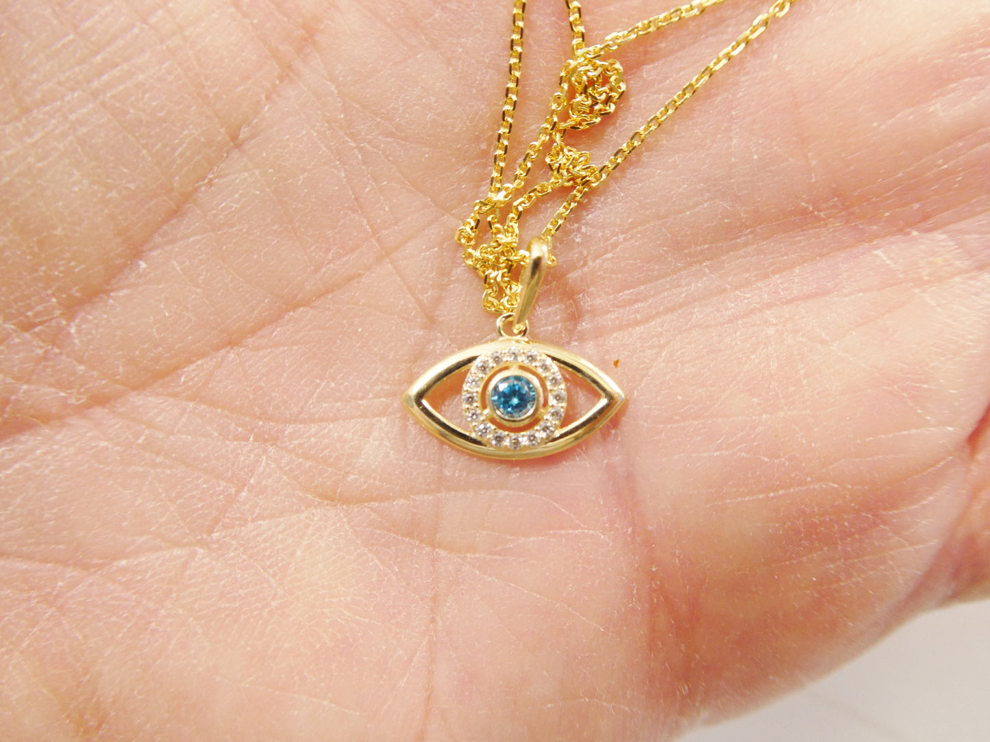 14k real solid yellow gold evil eye pendent and cable necklace