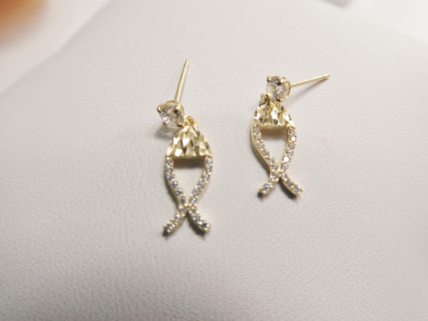 real 10k solid yellow gold fish dangling push post earrings