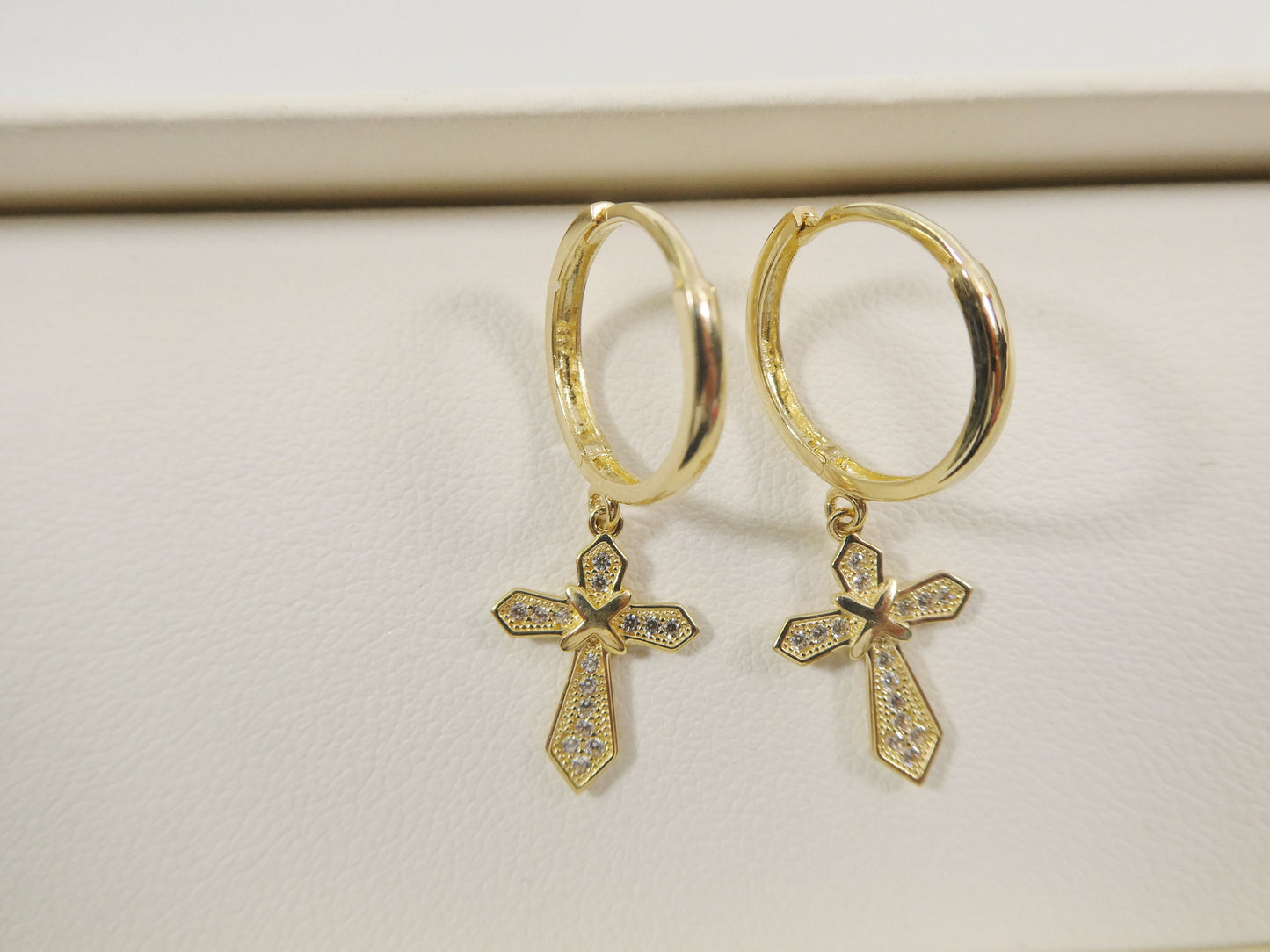 10k real solid gold cross dangle on plain huggie fancy earrings