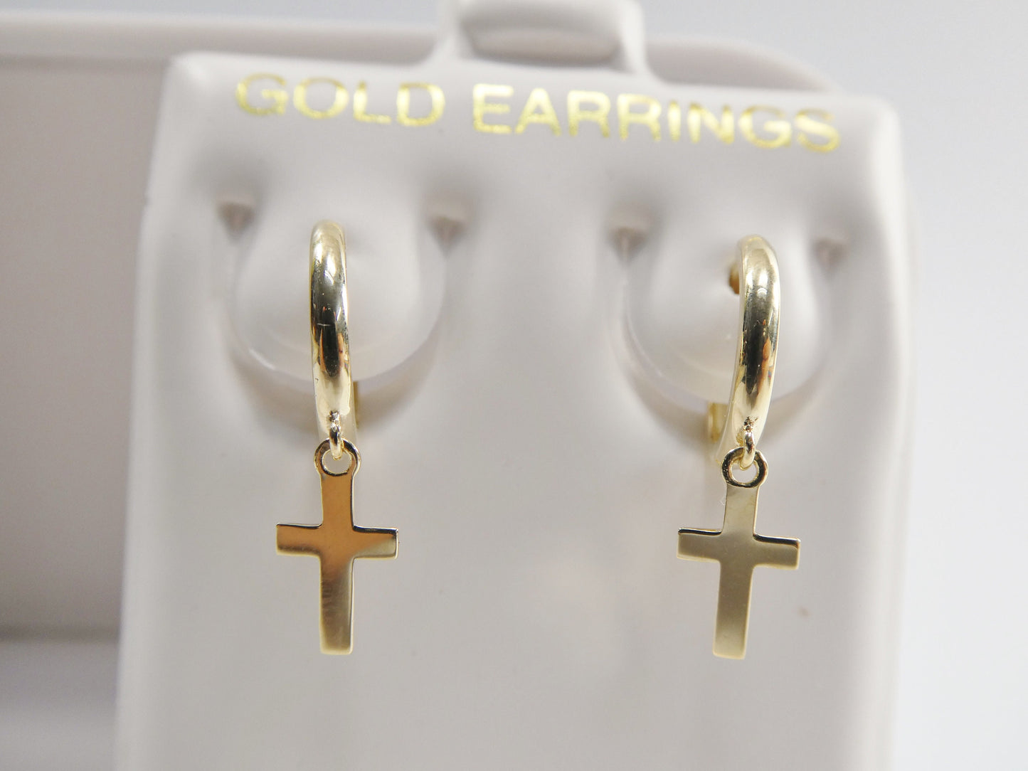 real 10k solid yellow gold hoop huggie dangle plain cross earring