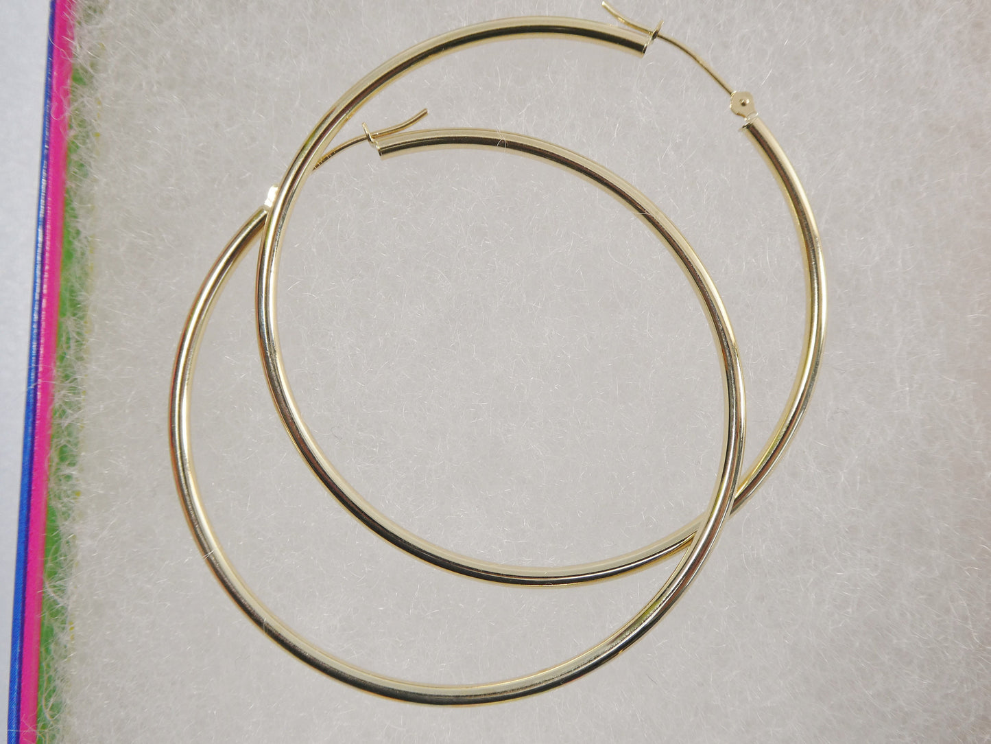 14K real solid yellow gold 2mm / 50mm round hoop earring snap closure high polish finish