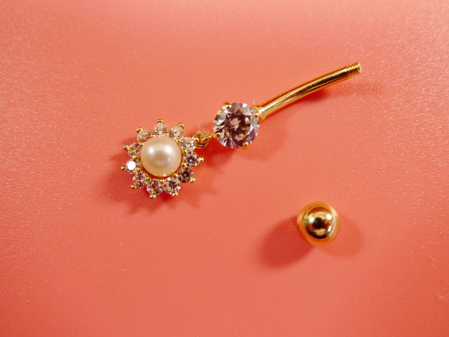 14k real solid yellow gold dangling freshwater real pearl belly button ring piercing