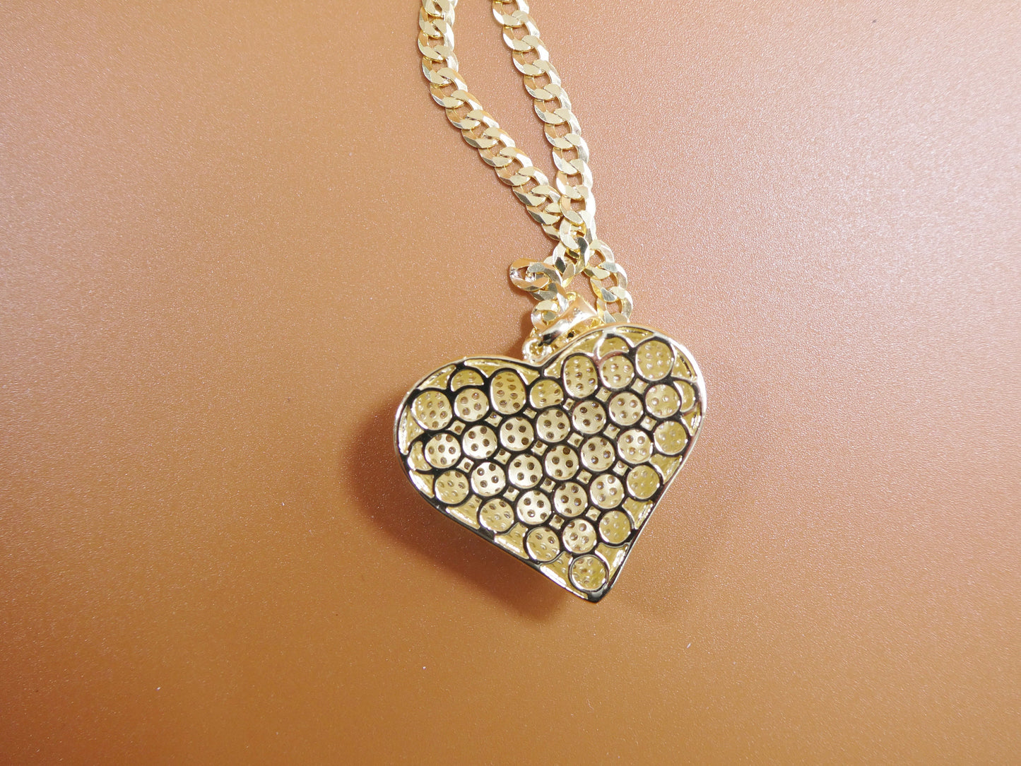14k yellow gold color tone chain and large heart charm pendent over real 925 sterling silver