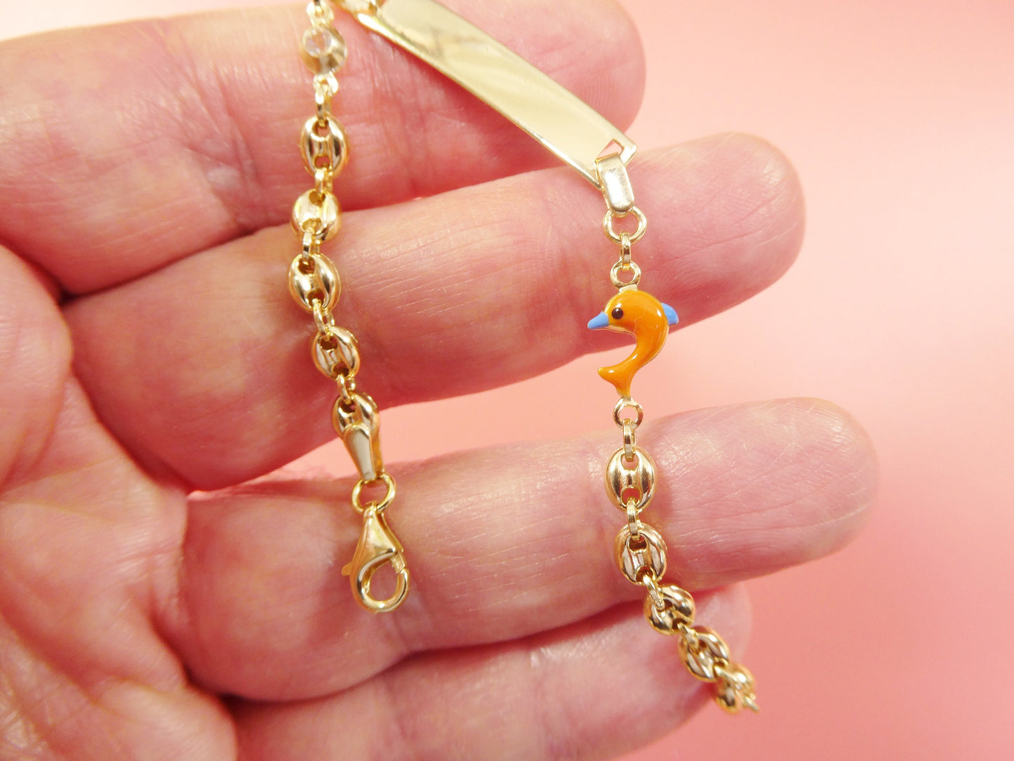 14k real solid yellow gold buff mariner enamel dolphin fish 6 inch heart baby ID bracelet