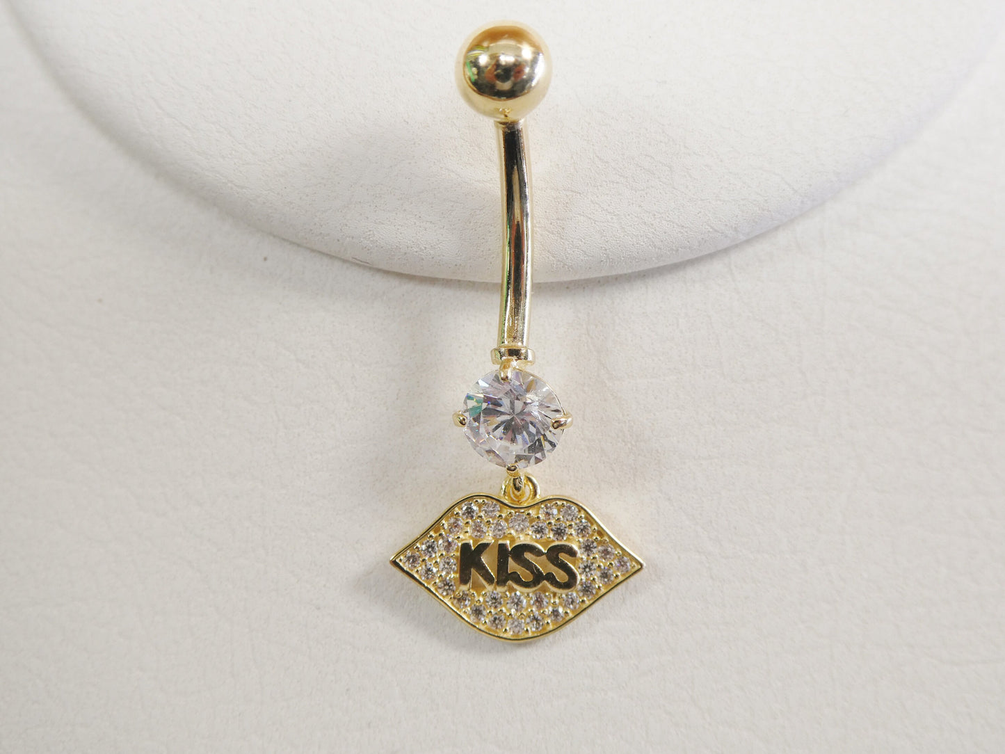 14k real solid yellow gold dangling logo kiss lips belly button ring piercing