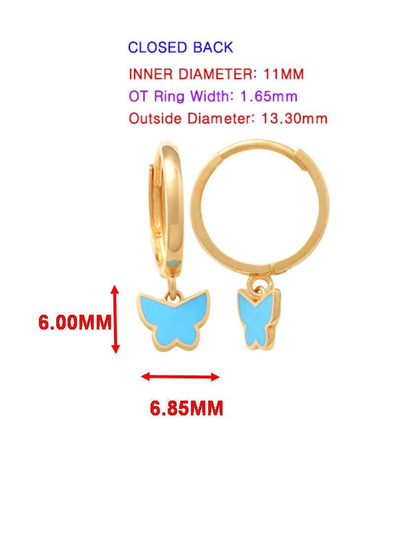 real 10k solid yellow gold enamel drop butterfly hoop huggie earring