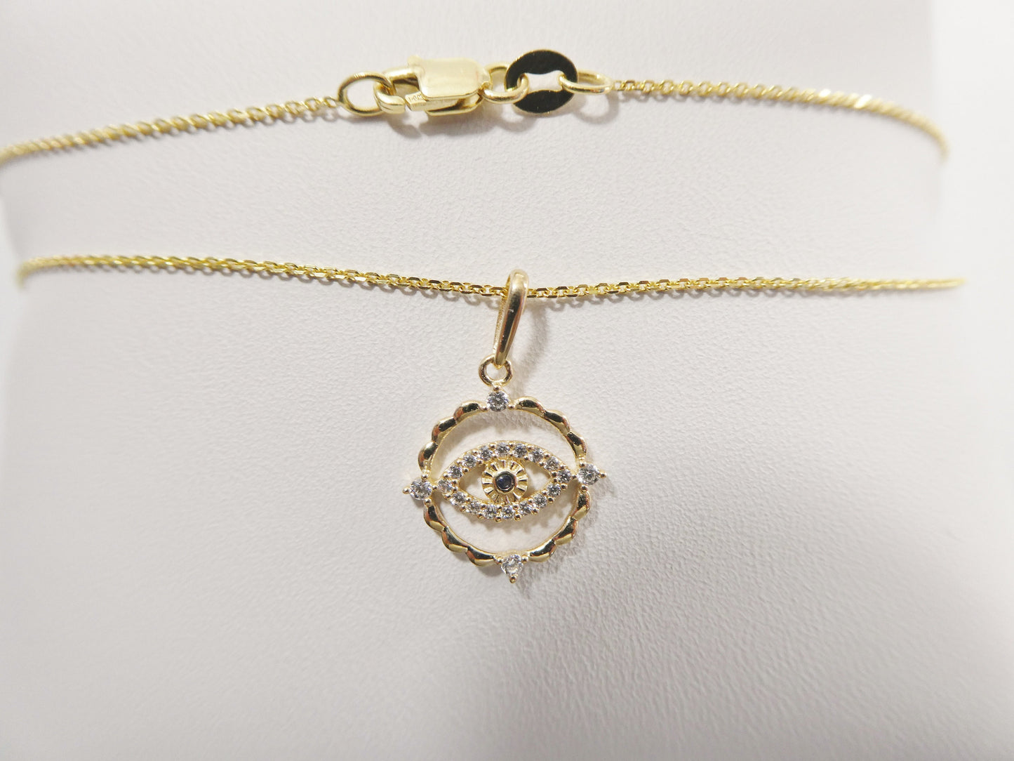 14k real solid yellow gold evil eye pendent and cable necklace