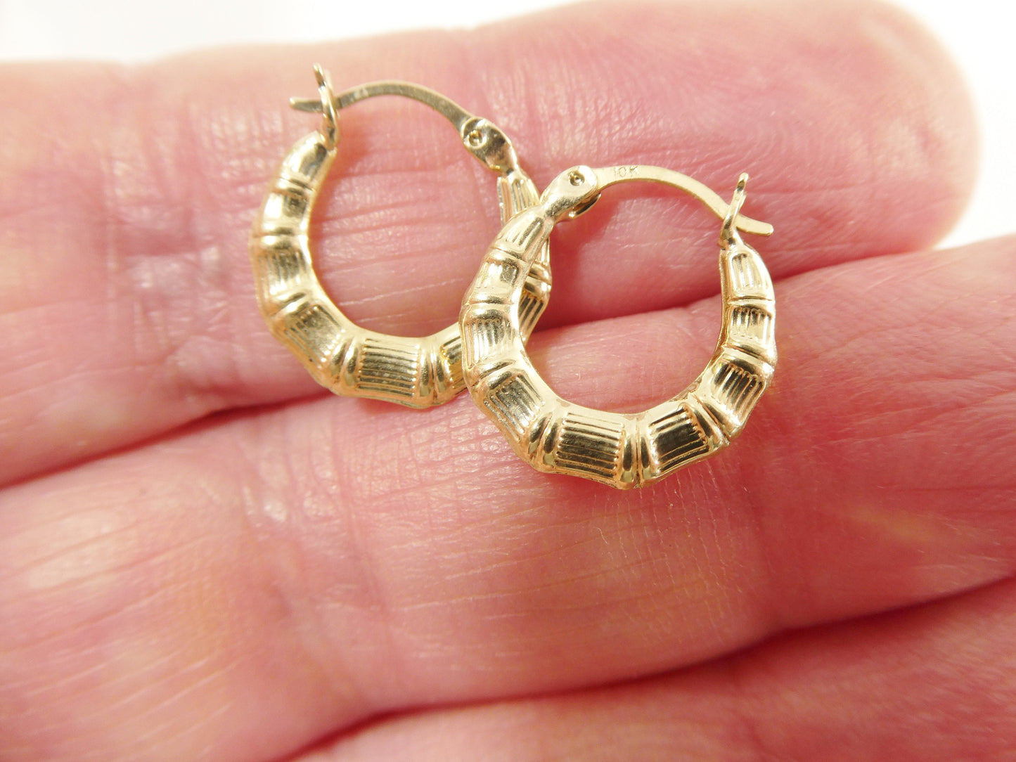 10k real solid yellow gold 14MM bamboo baby hoop earrings
