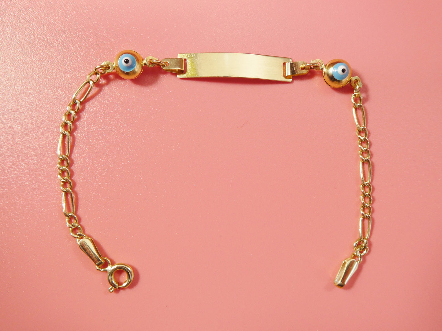 14K real solid yellow gold 5.5 inch Figaro style evil eye baby ID bracelet