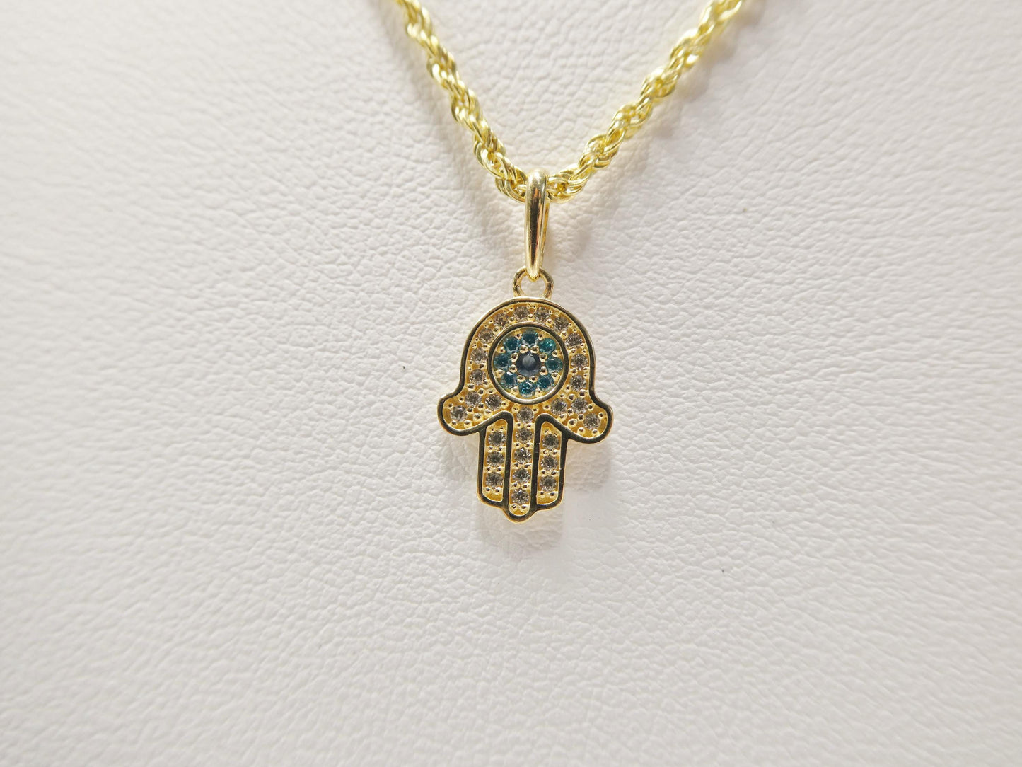 14k real solid yellow gold hand hamsa pendent and rope necklace