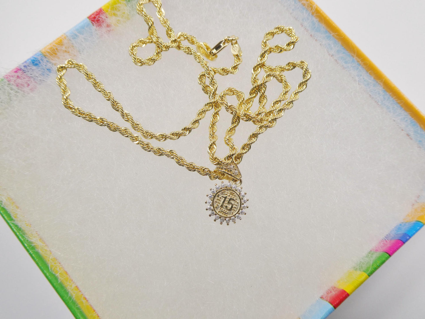 10k real solid yellow gold 15 years boy girl pendent and rope necklace