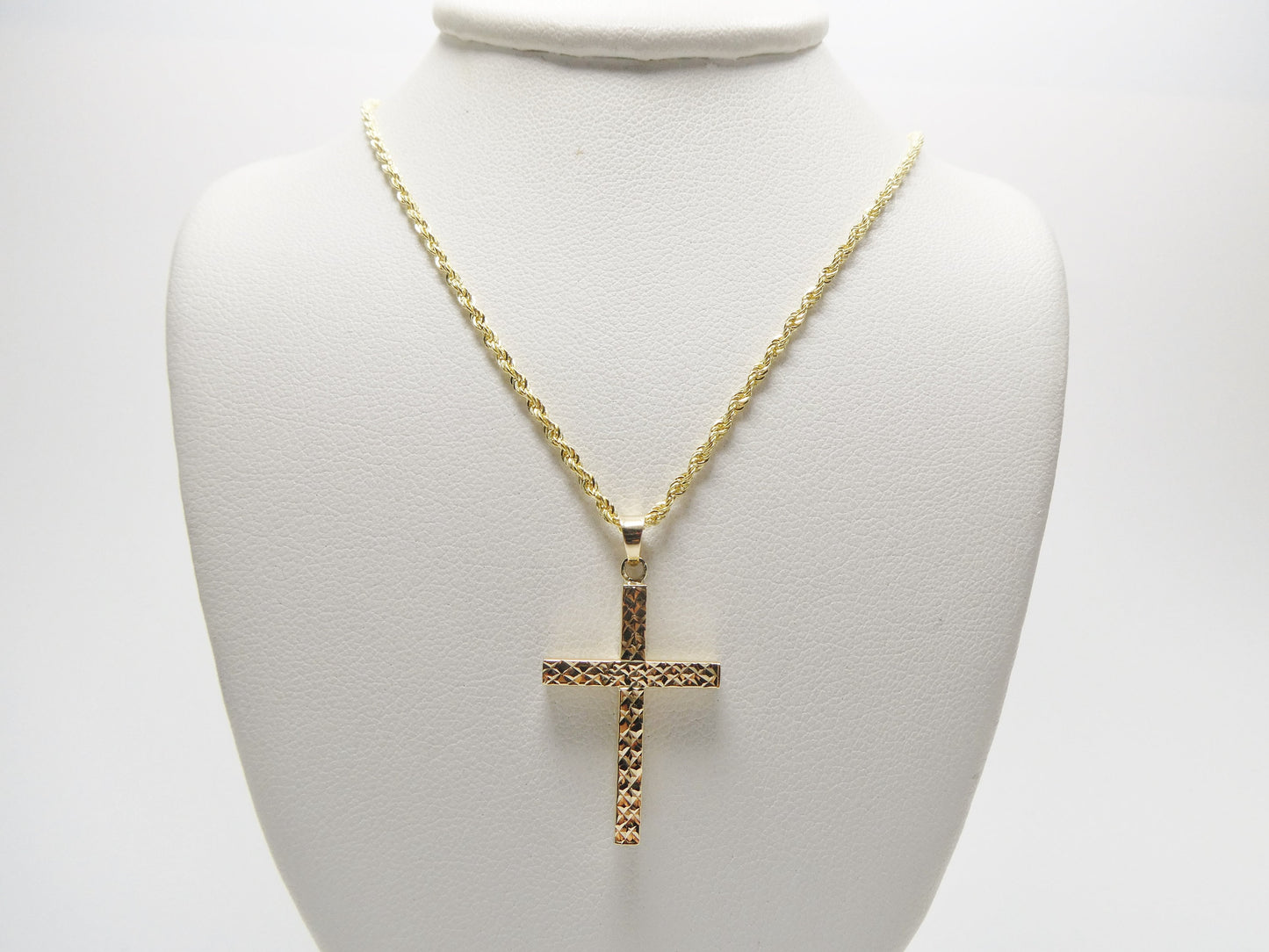 14k real solid yellow gold diamond cut cross pendent and robe necklace