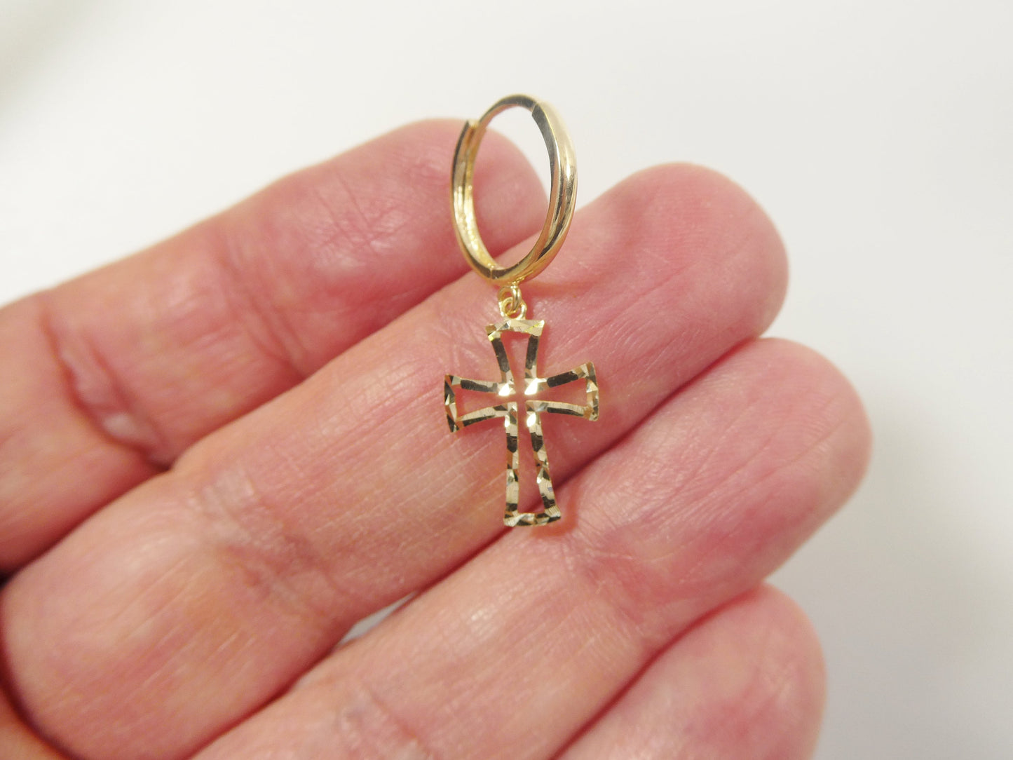 10k real yellow gold cross dangle plain huggie earring