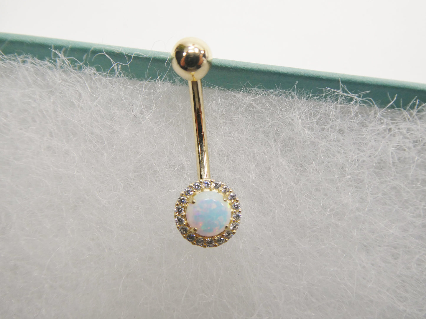14k real solid yellow gold circle opal belly button ring piercing