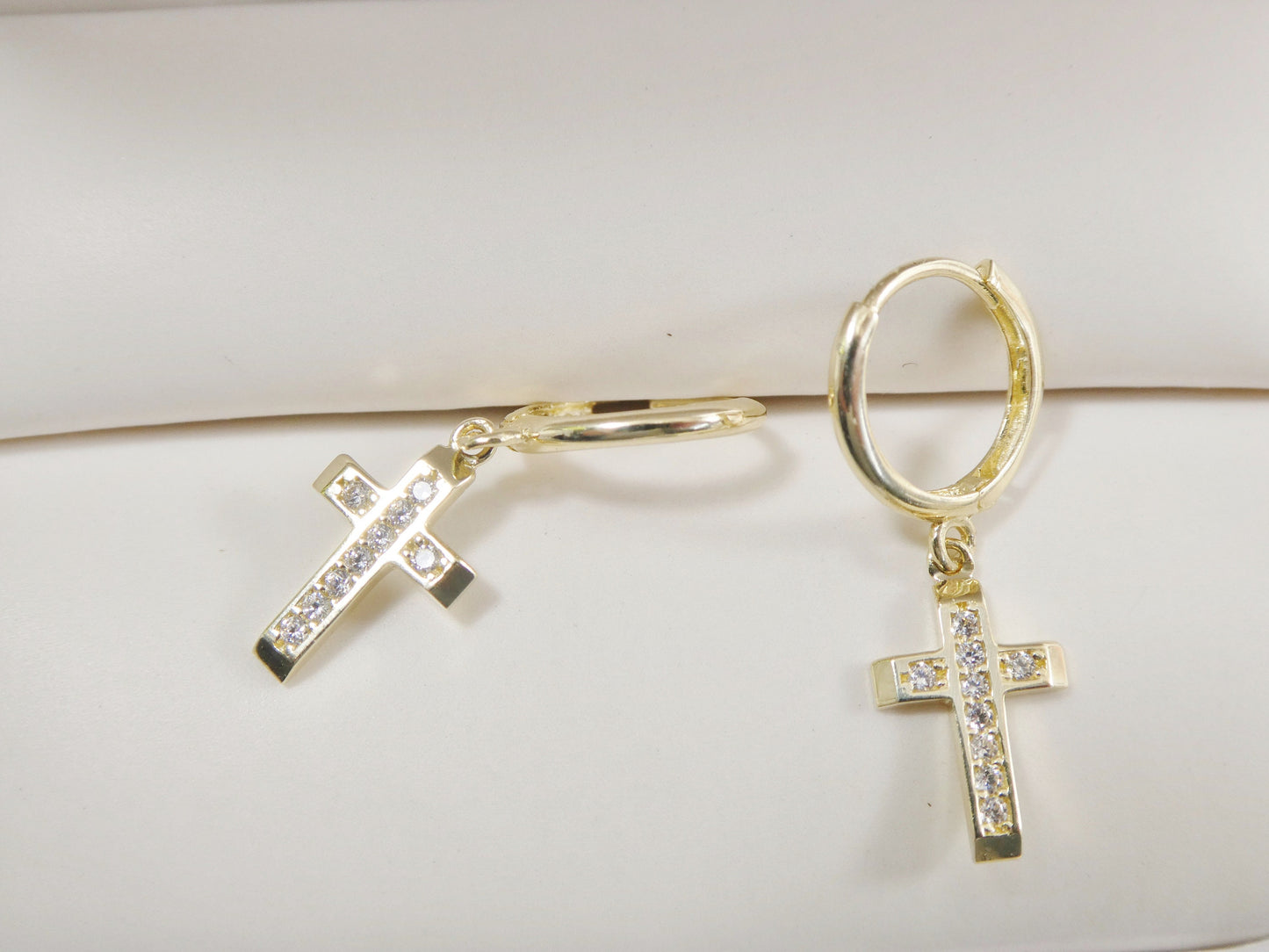 10k real solid yellow gold 1.5mm stone setting cross dangle on plain huggie hoop fancy earrings