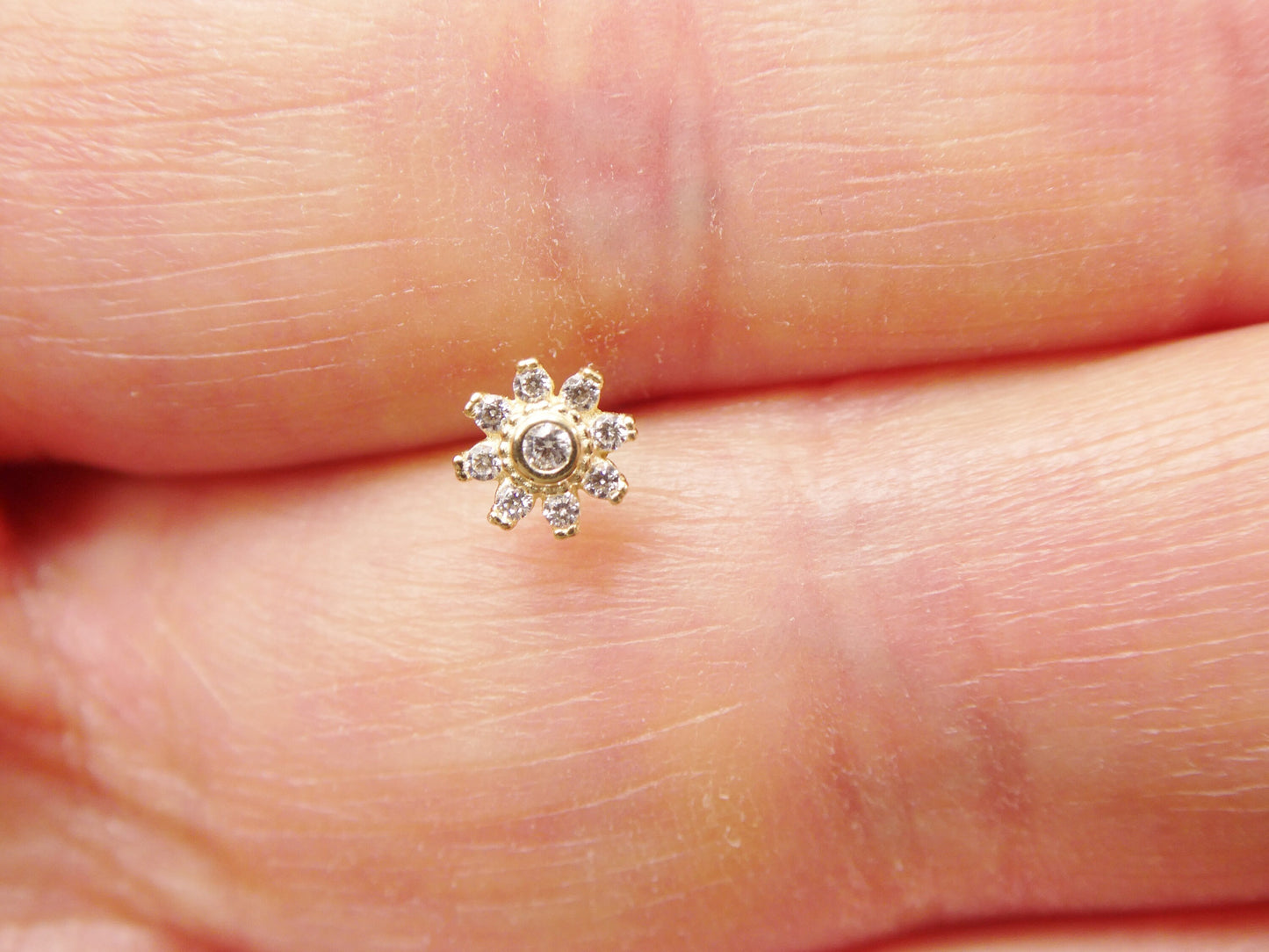 14k real solid yellow gold L SHAPE flower stud nose ring