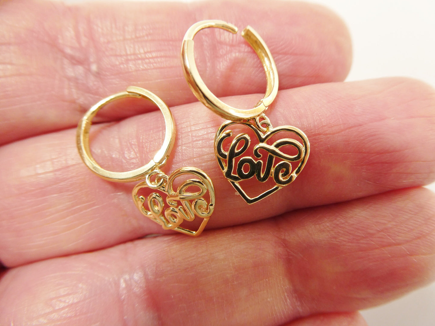 real 10k solid yellow gold script love letter heart drop super polish hoop huggie earrings