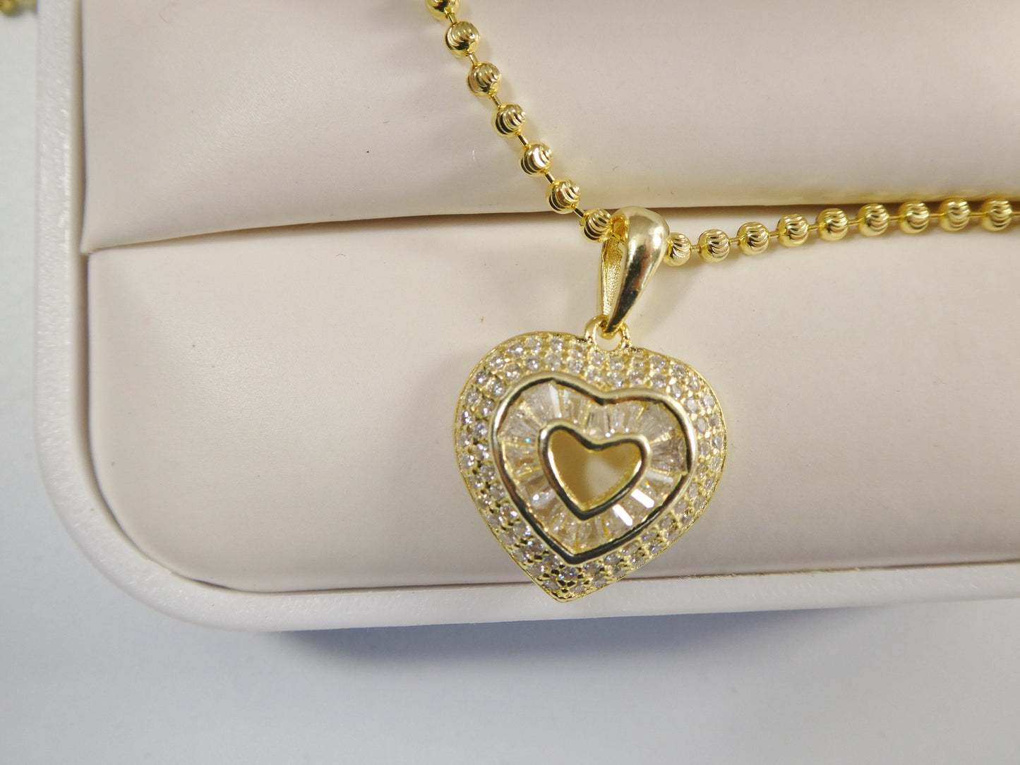real 925 sterling silver 14k yellow / silver color moon cut chain and baguette setting heart