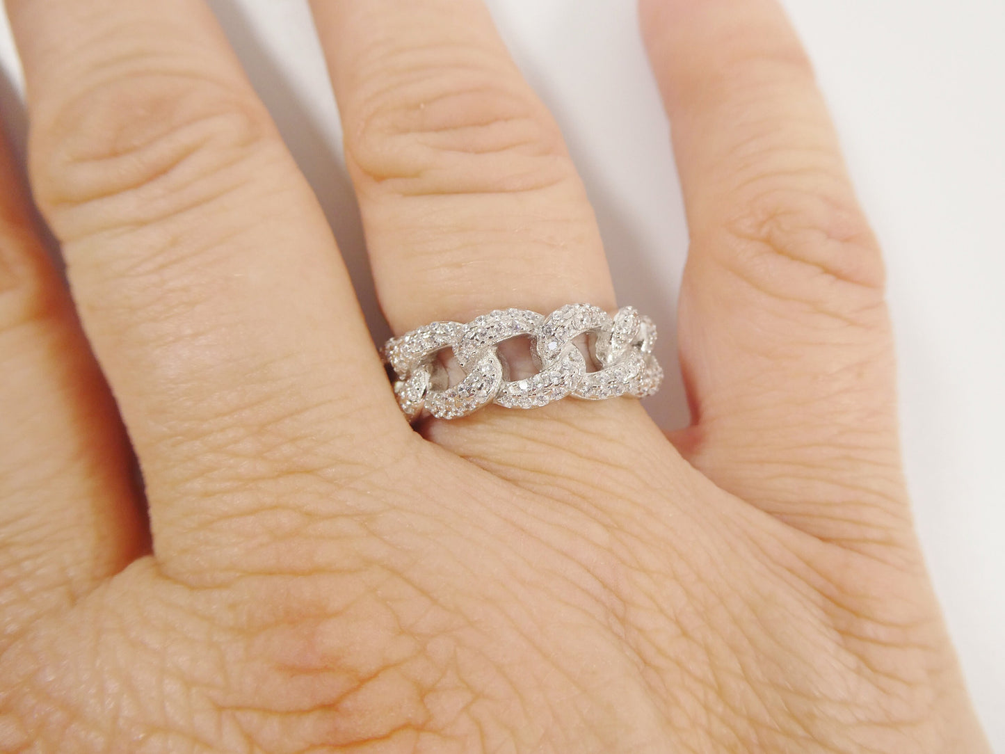 real 925 sterling silver Monaco curb link full icy prong setting ladies ring