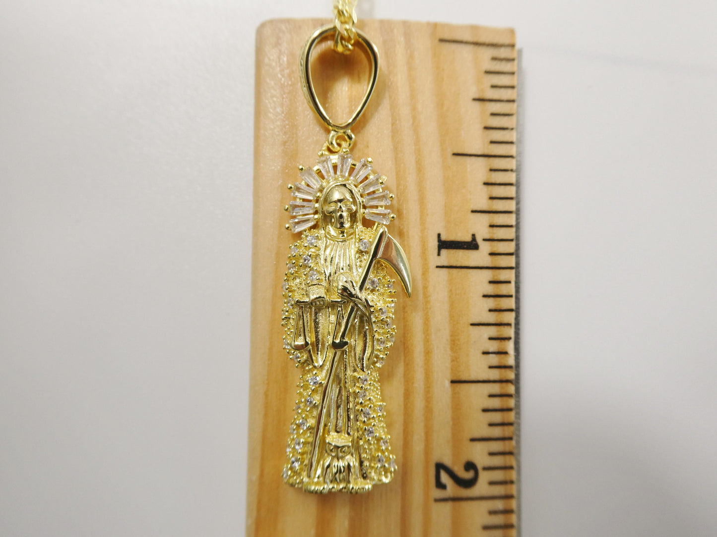 real 925 sterling silver 18 inch flat chain and santa muerte pendent charm14k yellow gold finish
