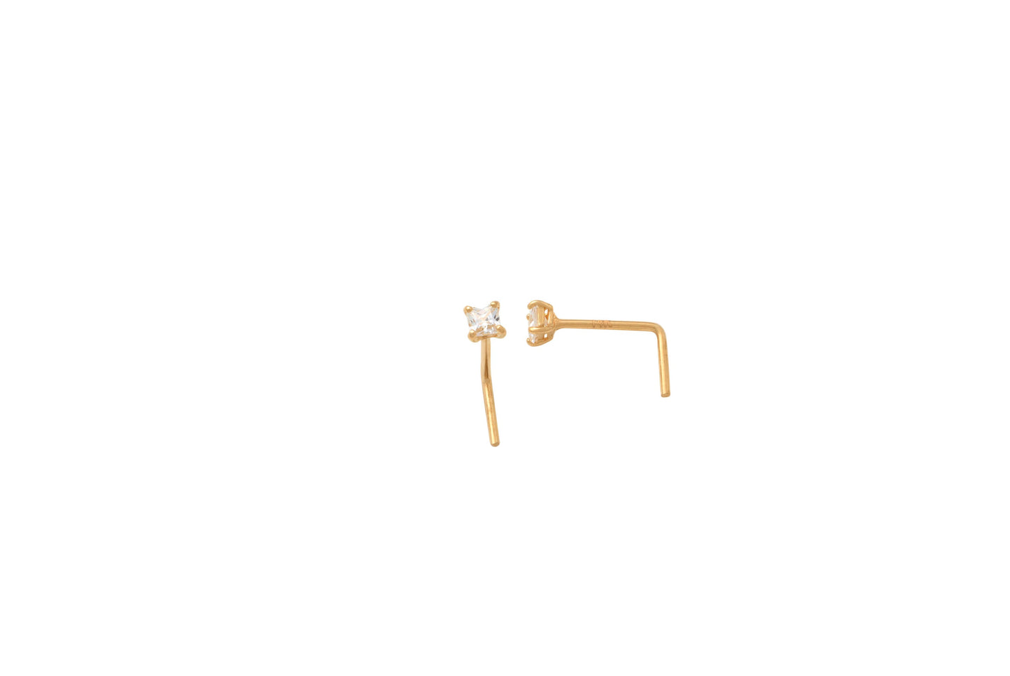 14k real solid yellow gold L SHAPE 2mm square stone stud nose ring