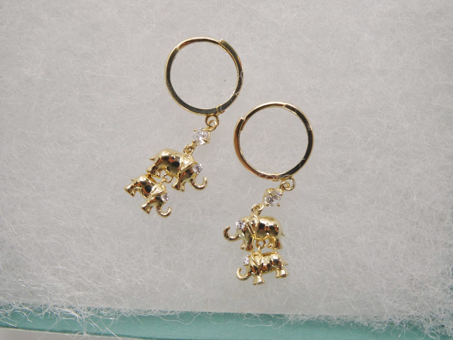 real 10k solid yellow gold double elephant dangling hoop huggie earring