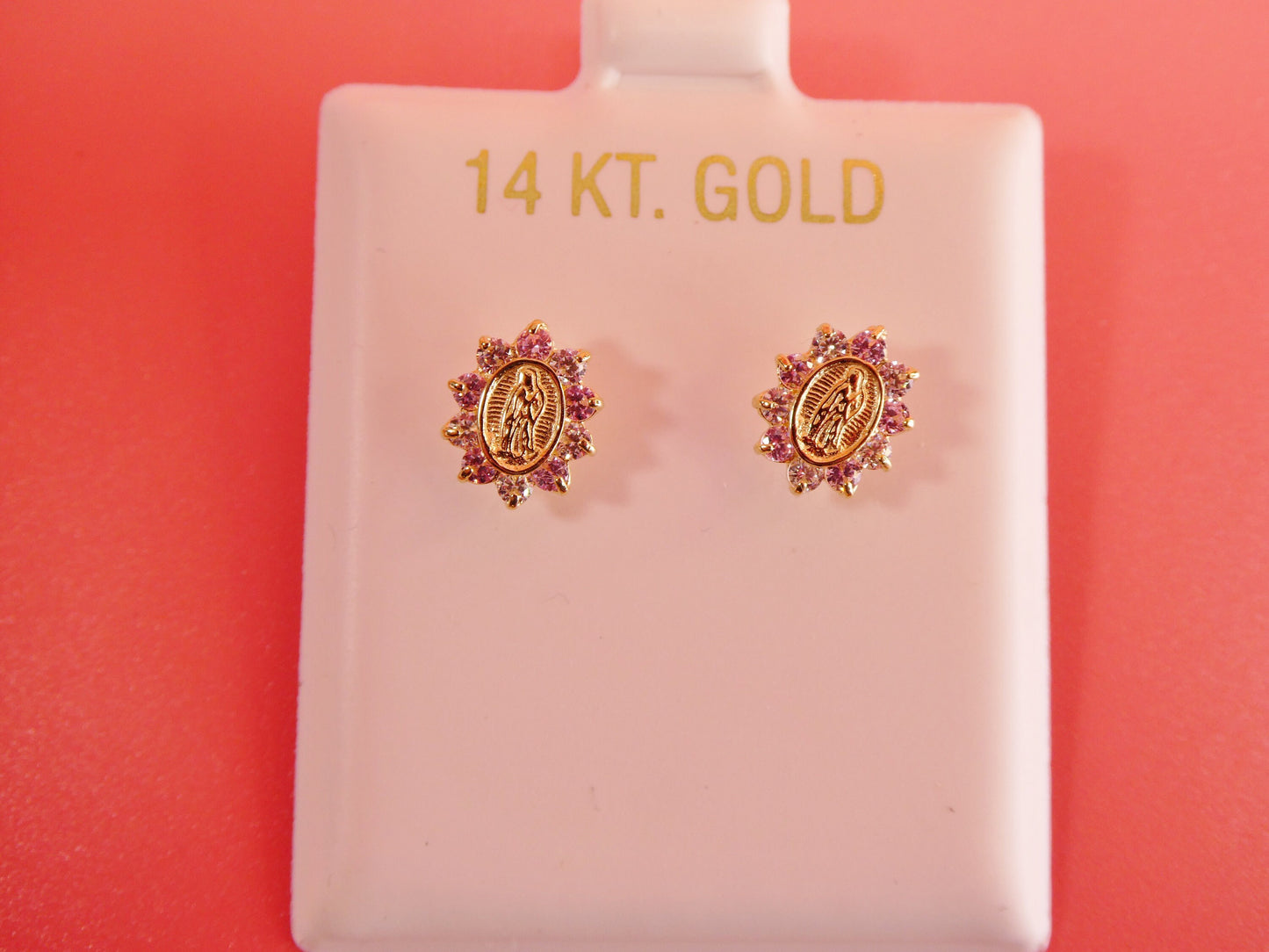 14k real solid yellow gold screw back Guadalupe virgin Mary earrings oval shape