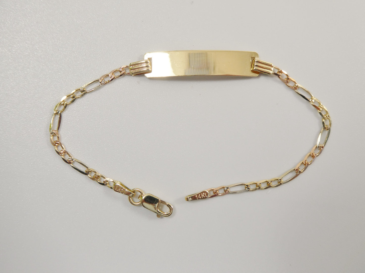 14K real solid yellow gold 6 inch Figaro style tri color baby ID bracelet
