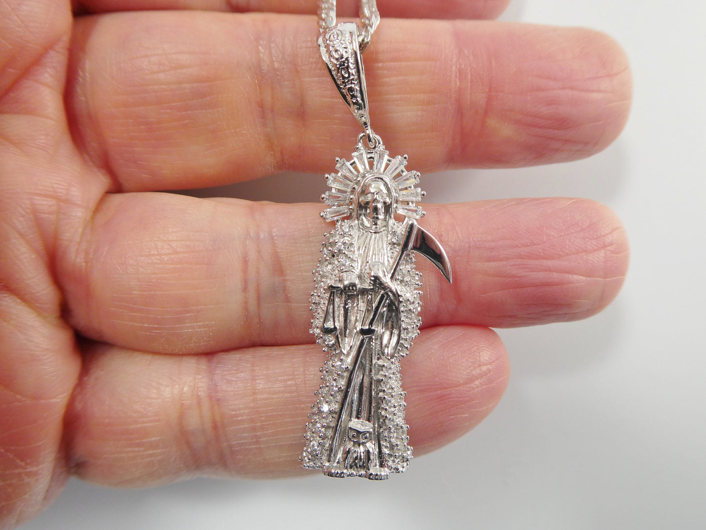 real 925 sterling silver 18 inch curb chain and santa muerte pendent charm