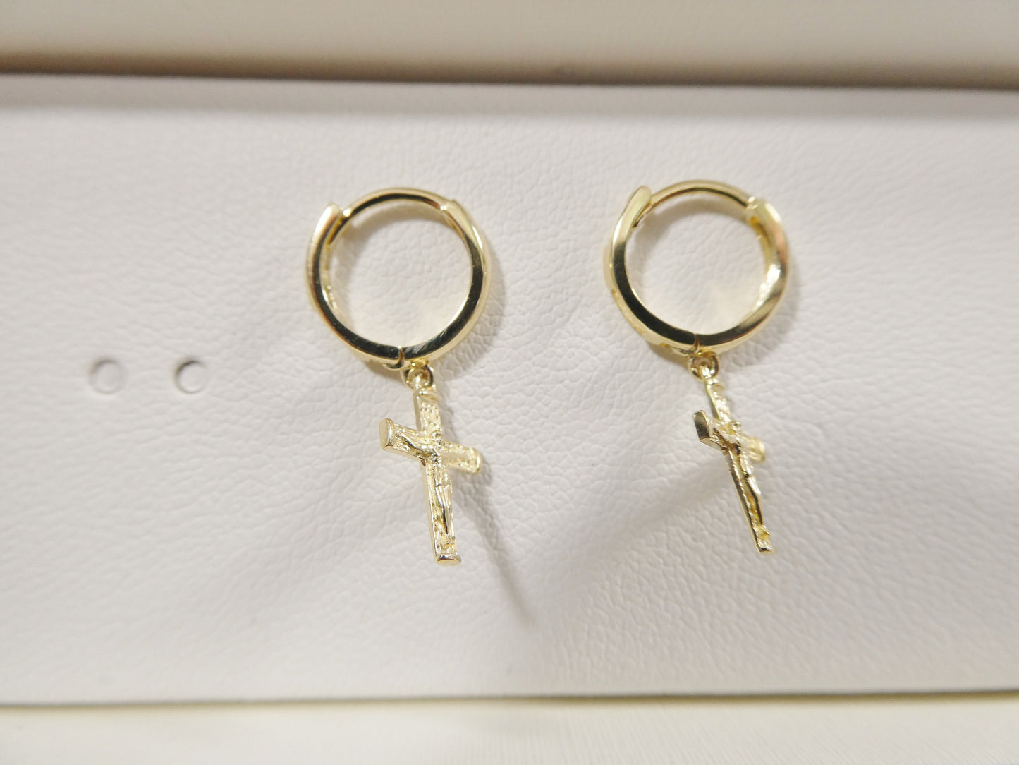 real 10k solid yellow gold cross dropping hoop huggie earrings